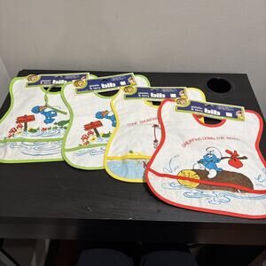 Vintage Plastic & Terry Bib Baby New Old Stock Tommee Tippee Smurf Lot Of 4 READ